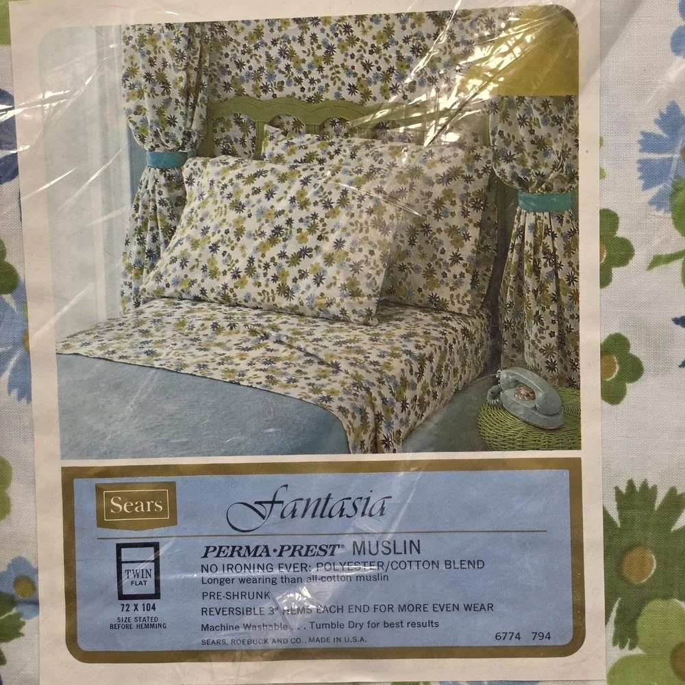 Vintage Sears Fantasia Perma Prest Muslin Twin Flat Sheet NOS Blue Green Floral